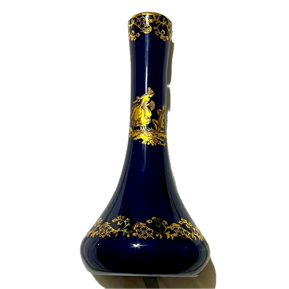 Vintage Limoges France Cobalt Blue & 24k Gold Bud Vase - Courting Couple